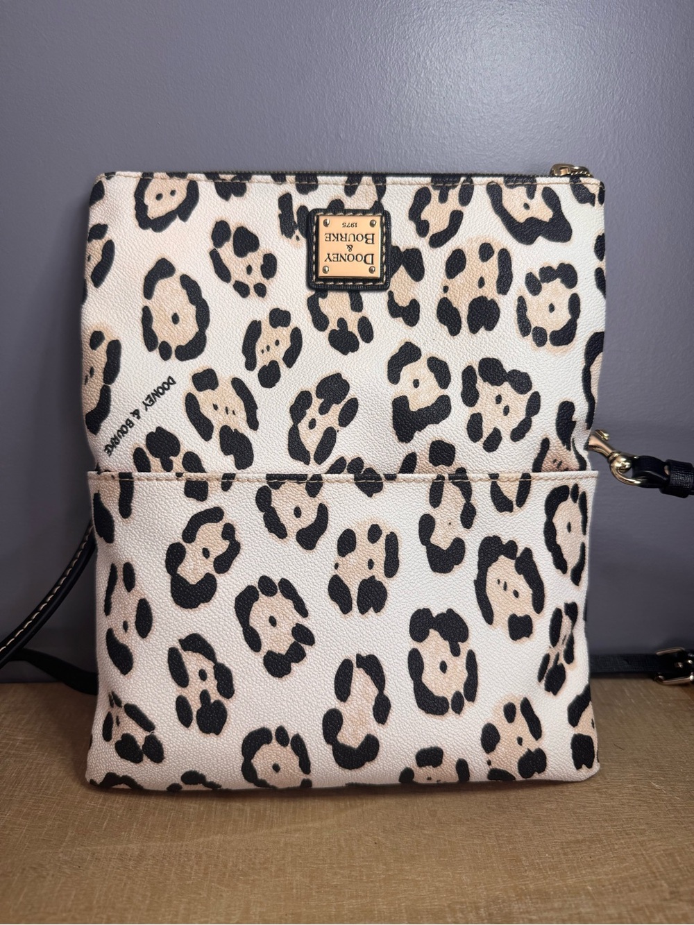 Dooney & Bourke Cream and Black Leopard Print Crossbody Bag